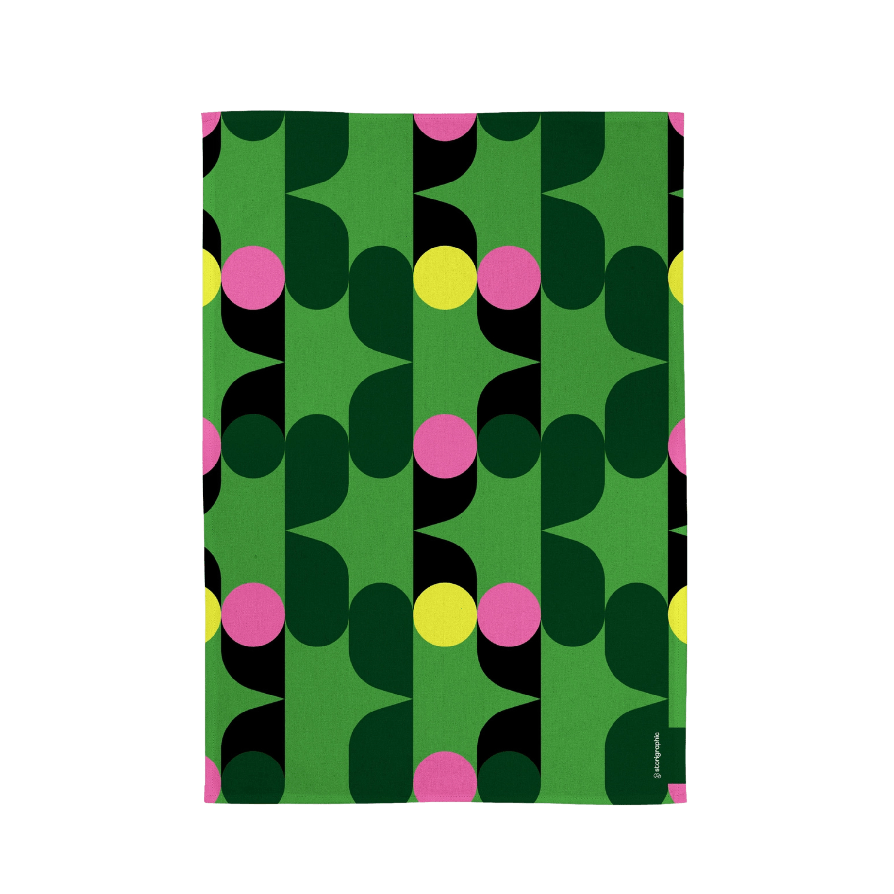 Patterned tea towel with green, black, pink, and yellow colors on a white background