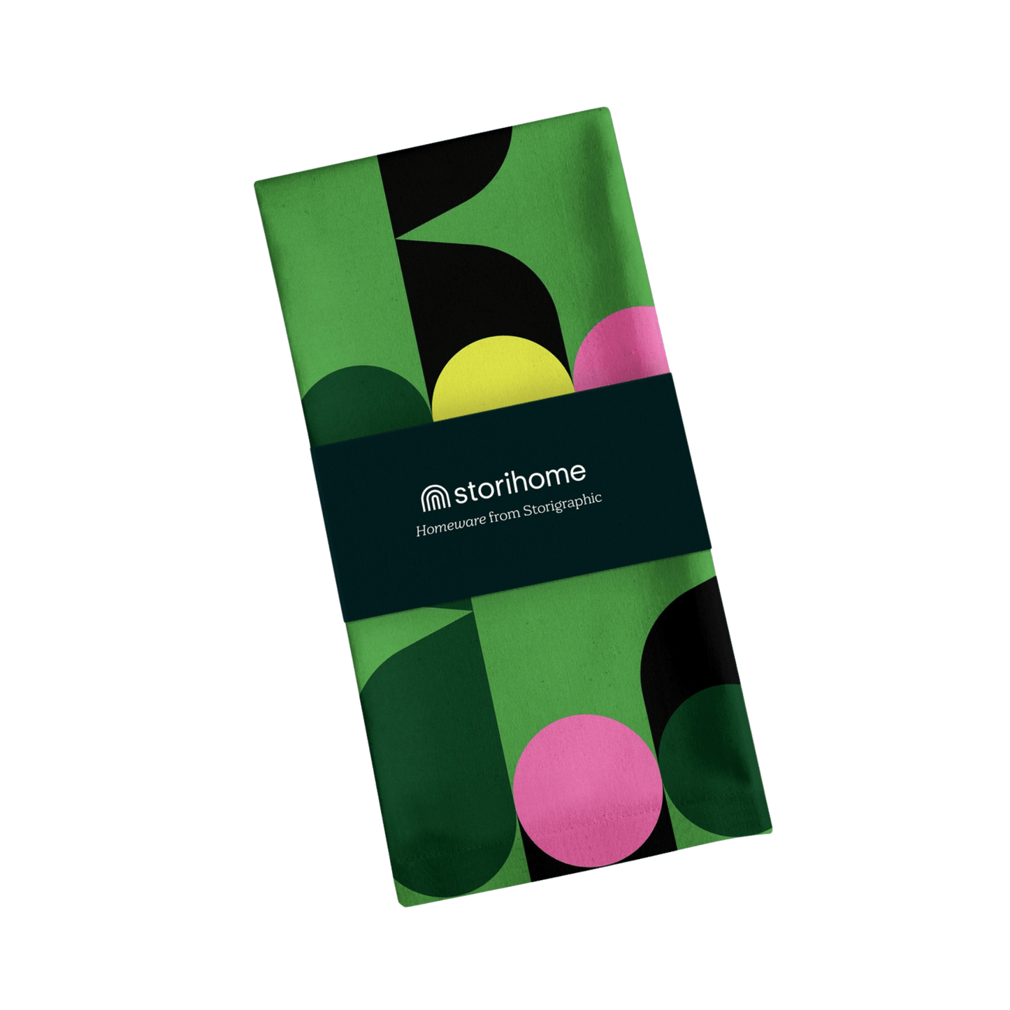 Colorful folded tea towel with 'storihome' branding on a white background