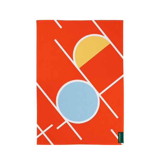 Rectangular tea towel with geometric design on a white background