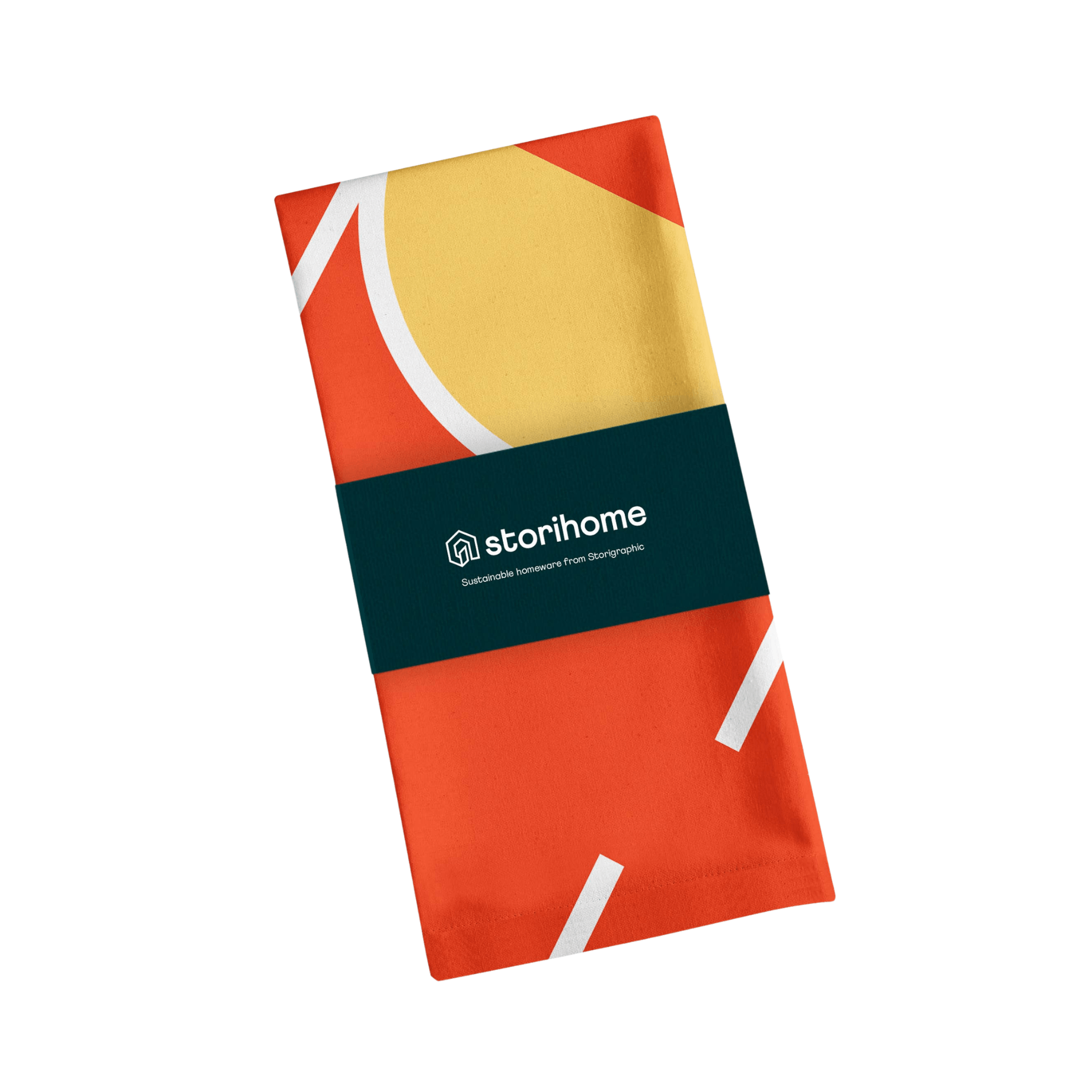 Colorful  folded tea towel with 'storihome' branding on a white background