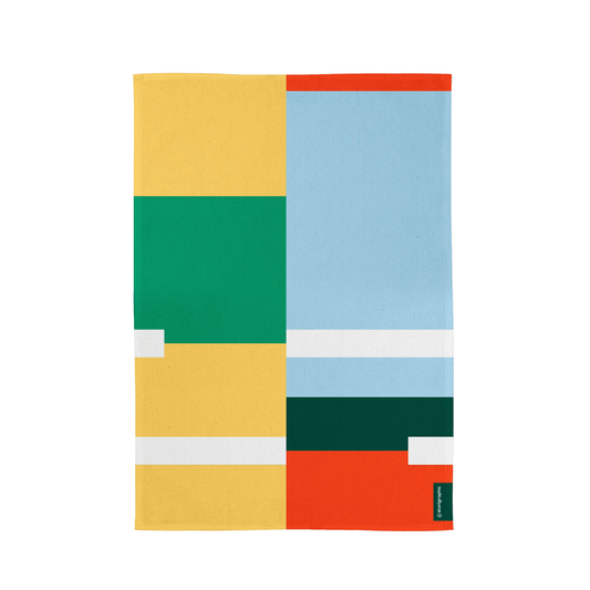 Colorful tea towel with geometric pattern on a white background