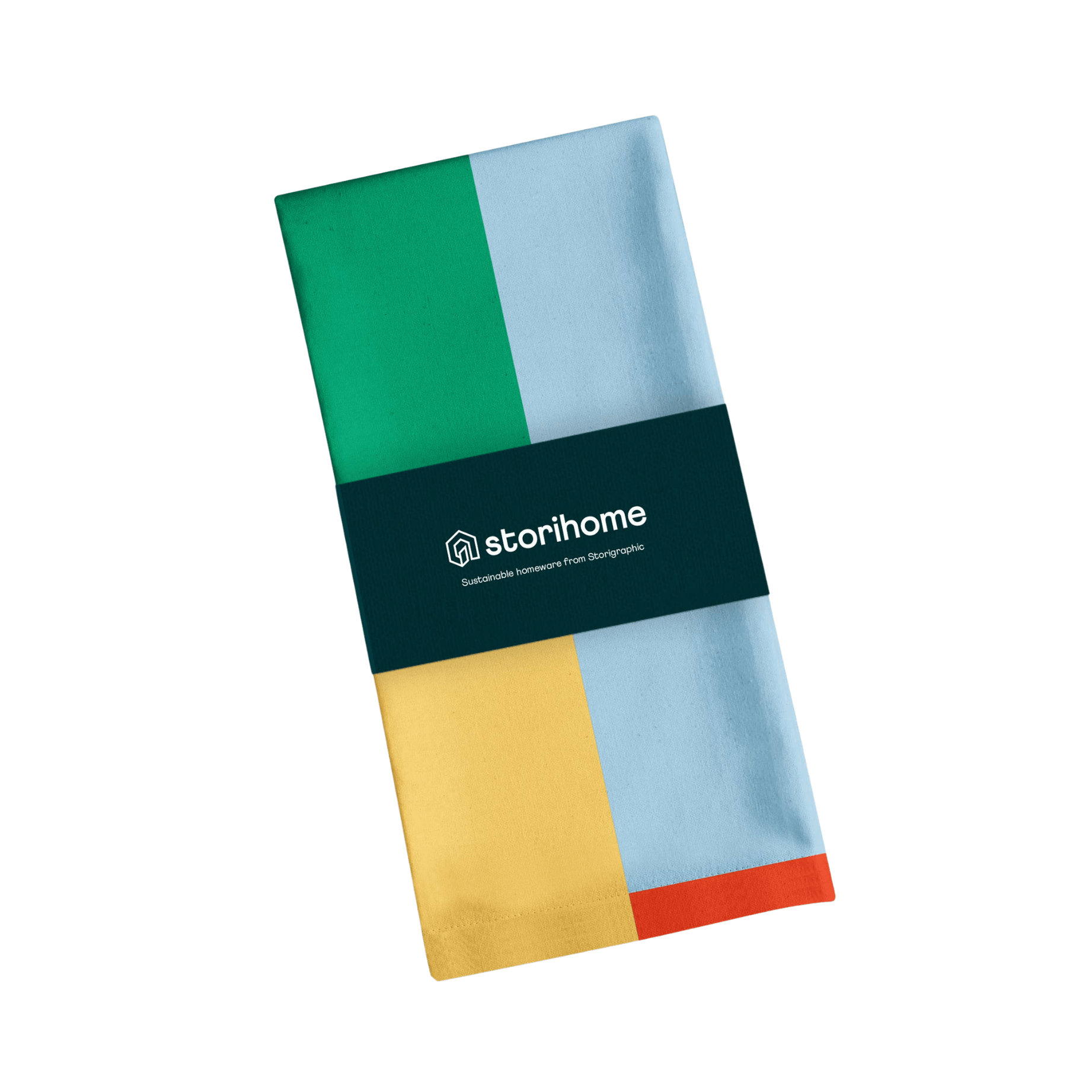 Colorful folded tea towel with a Storihome label on a white background