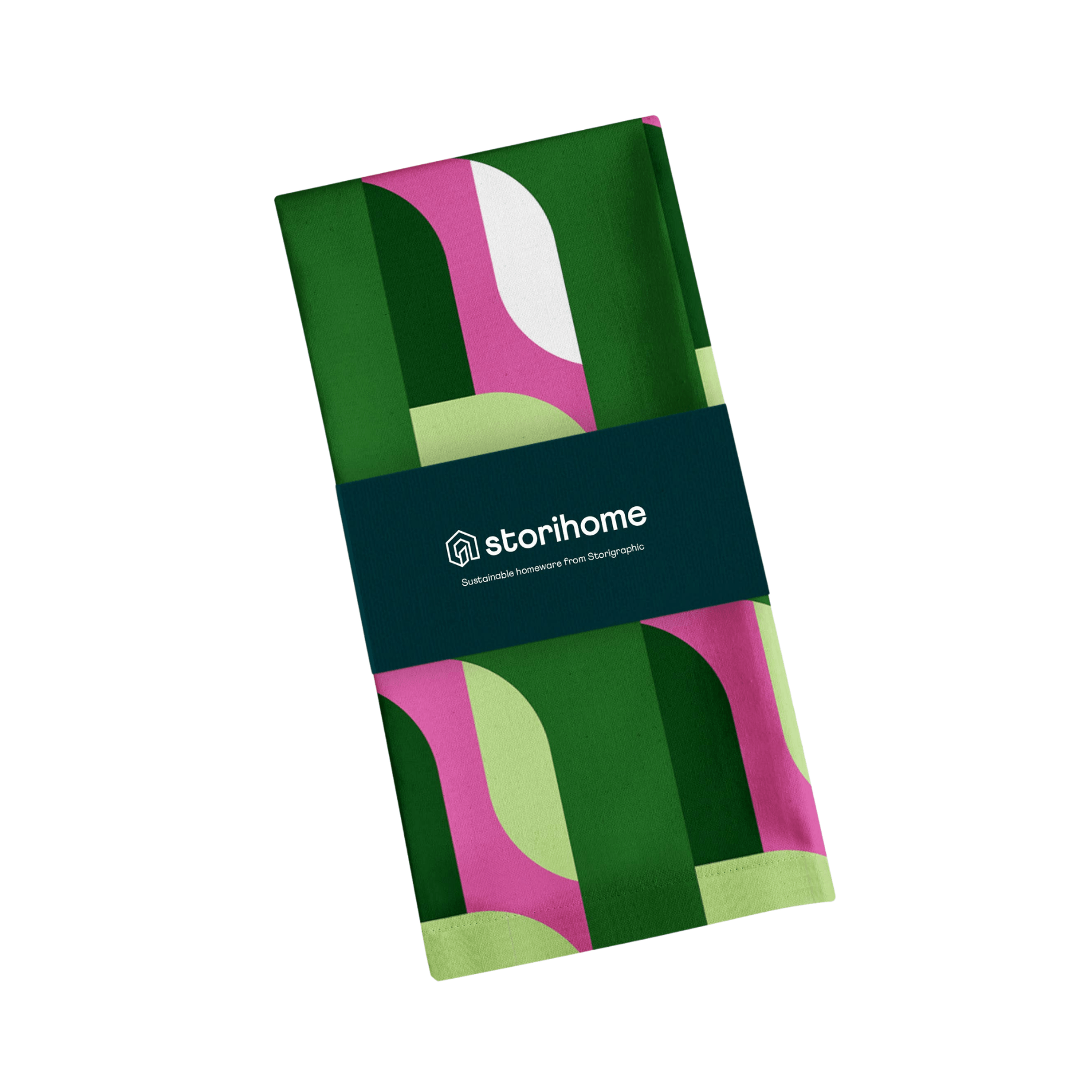 Folded tea towel with geometric pattern and 'storihome' branding on a white background