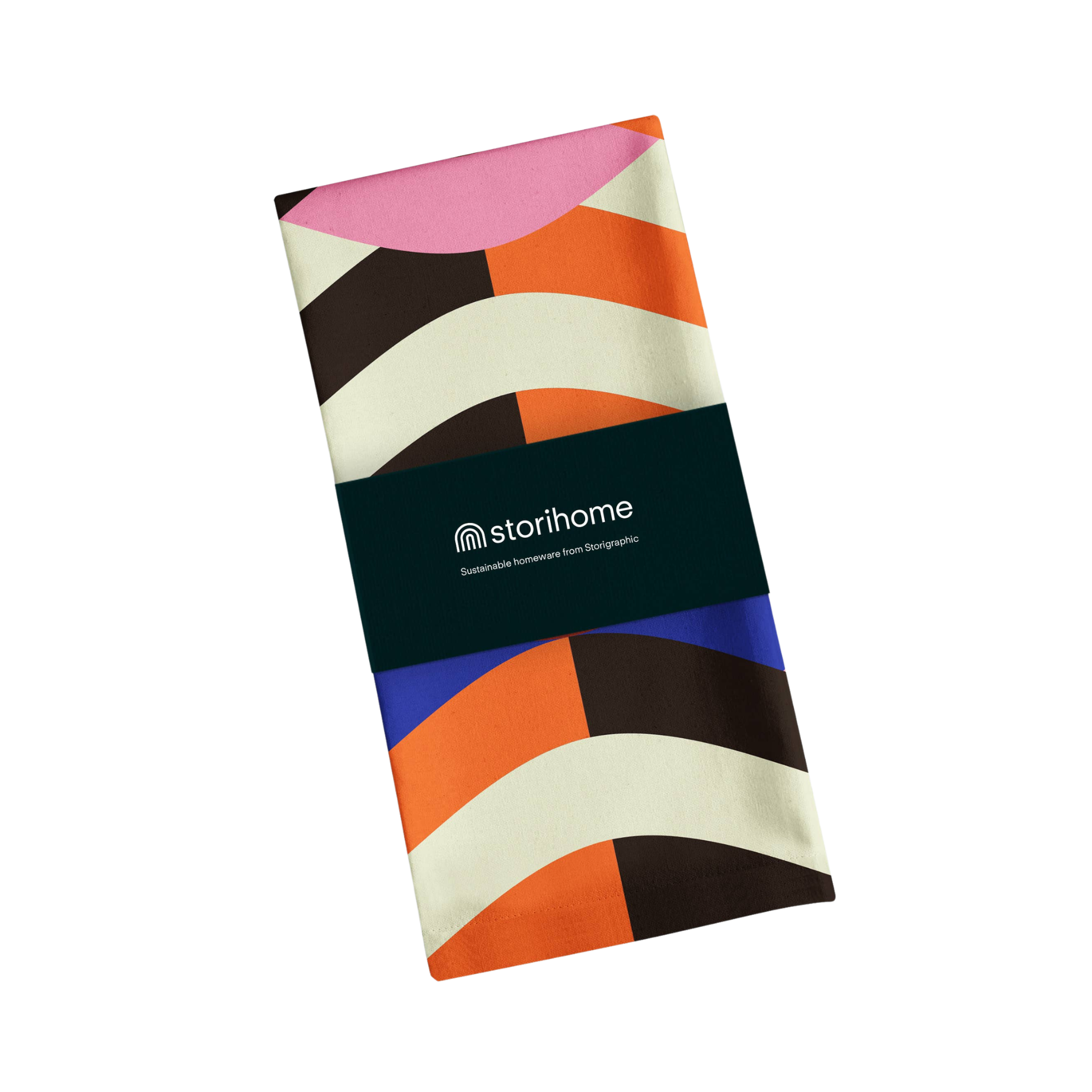 Folded image of colourful tea towel in pink, orange, black, white and blue striped wavy design 