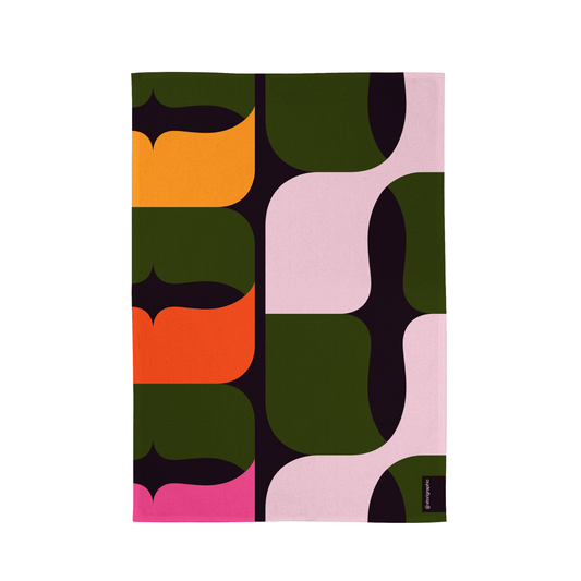Colorful abstract patterned tea towel on a white background