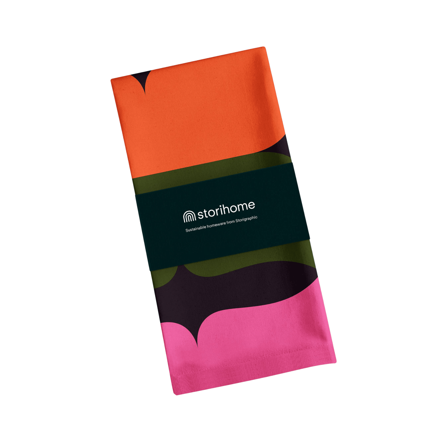 Colorful folded tea towel with geometric pattern and Storihome logo on a white background