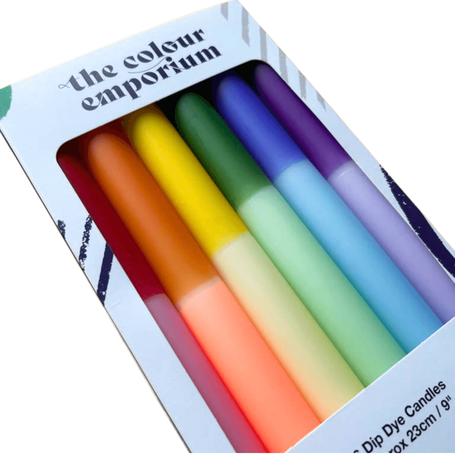 Set of colorful candles in a box labeled 'the colour emporium'.