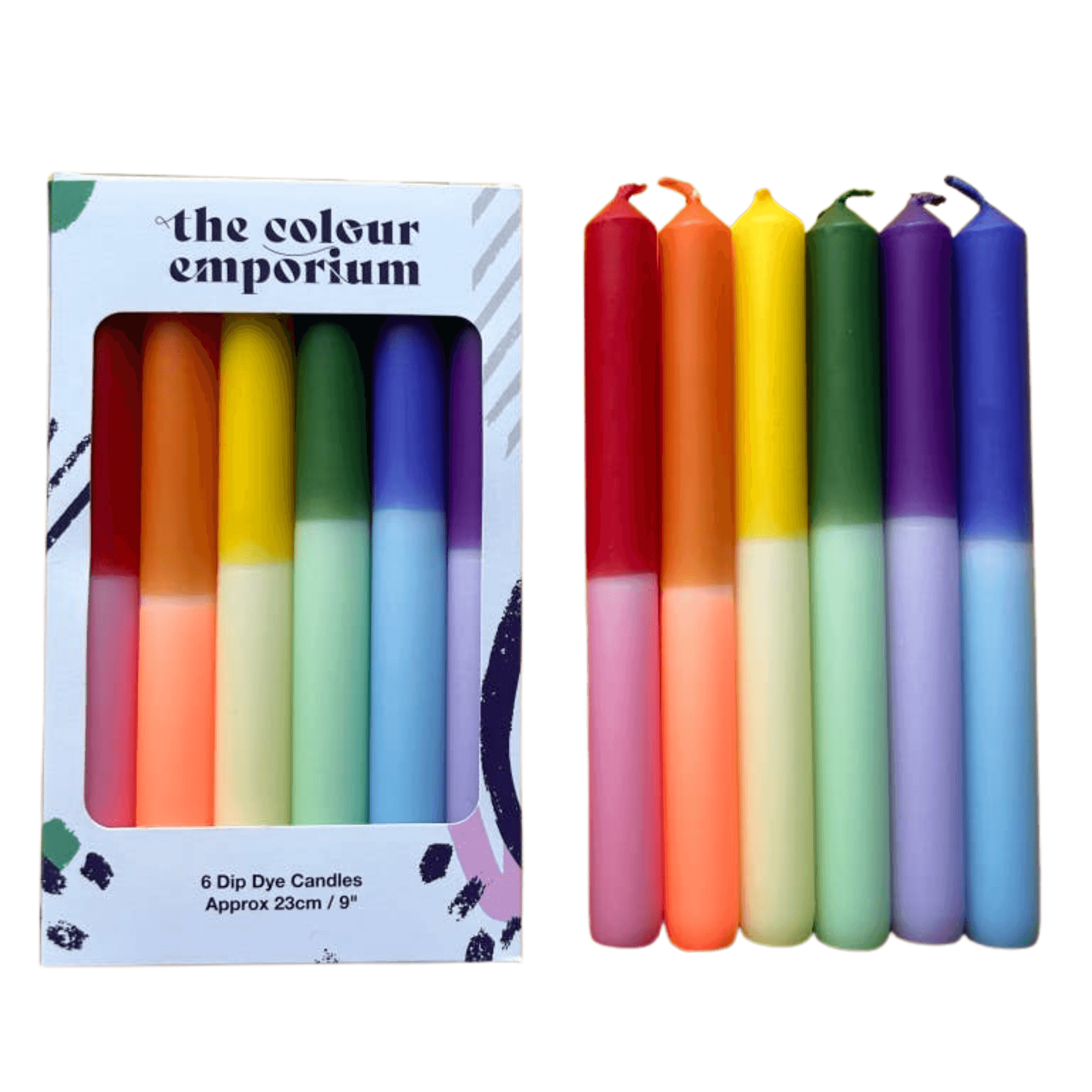 Set of 6 colorful dip dye candles with packaging labeled 'the colour emporium'.