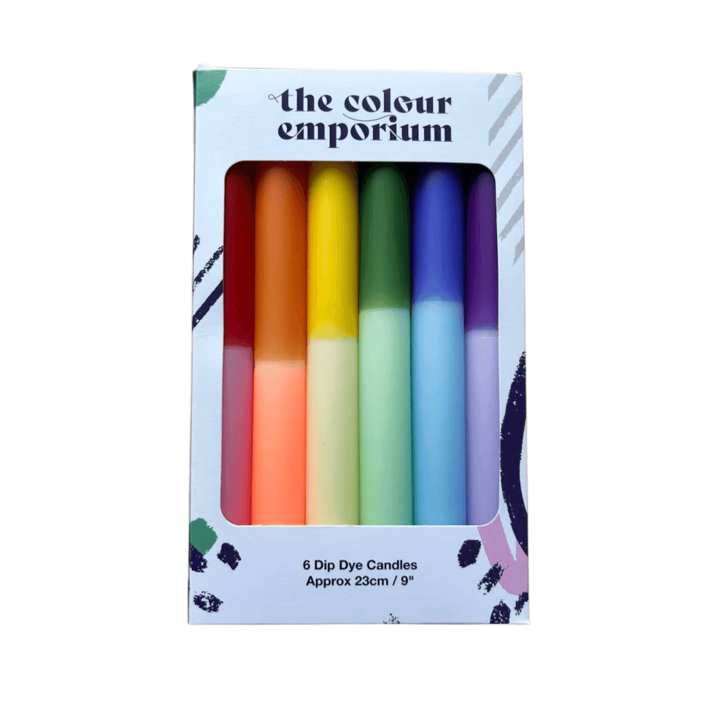 Packaging of 6 dip dye candles in a rainbow color sequence with 'the colour emporium' branding.