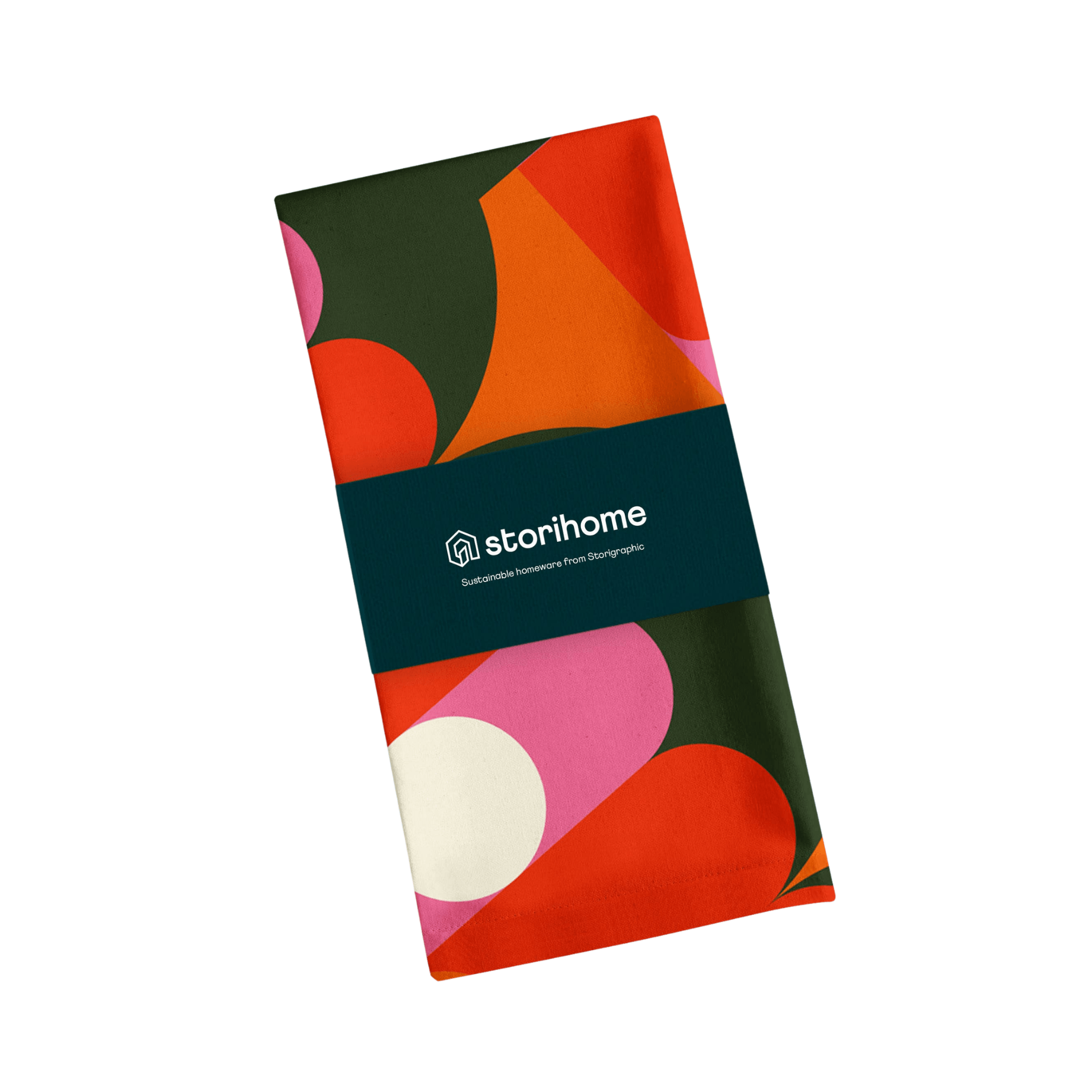 Colorful patterned teatowel with storihome branding on a white background