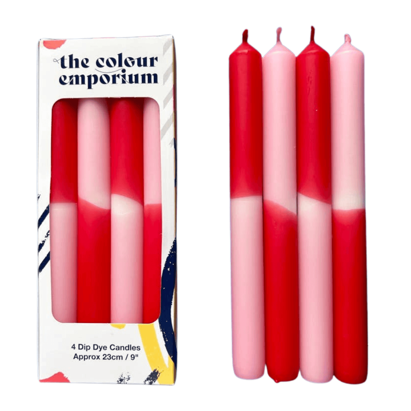 Set of 4 dip dye candles in red and pink with packaging labeled 'the colour emporium'.