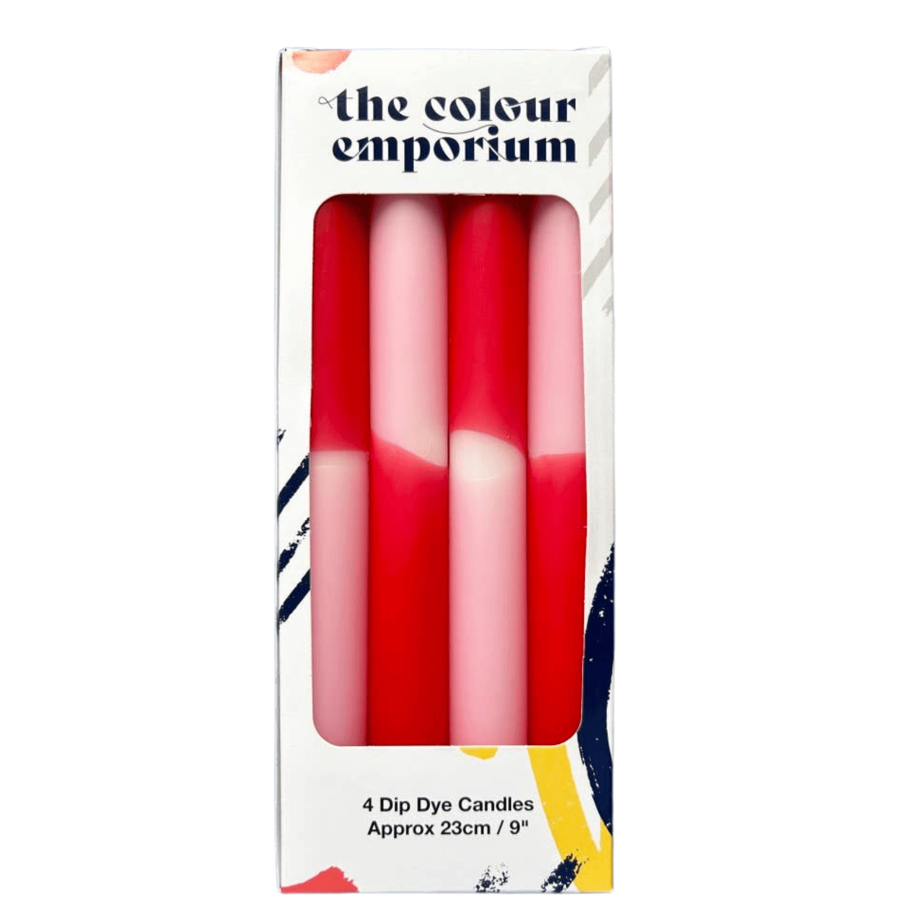 Packaging of 'the colour emporium' dip dye candles with red and pink colors.