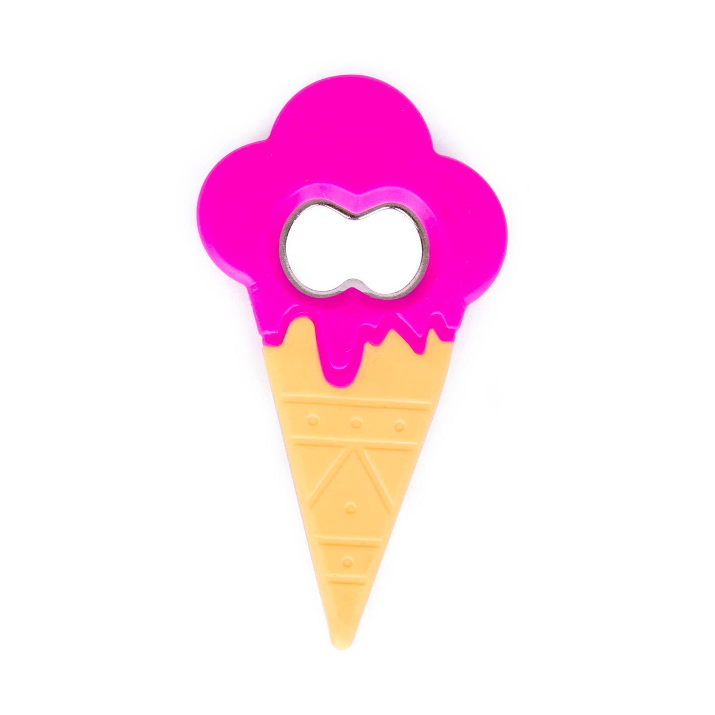 Ice cream cone-shaped bottle opener with pink top on a white background