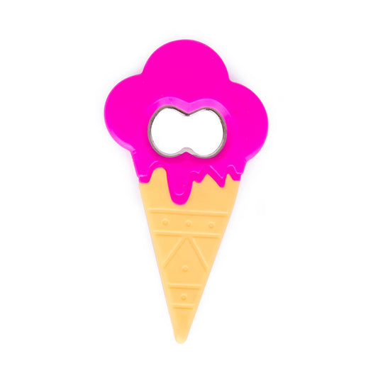 Ice cream cone-shaped bottle opener with pink top on a white background