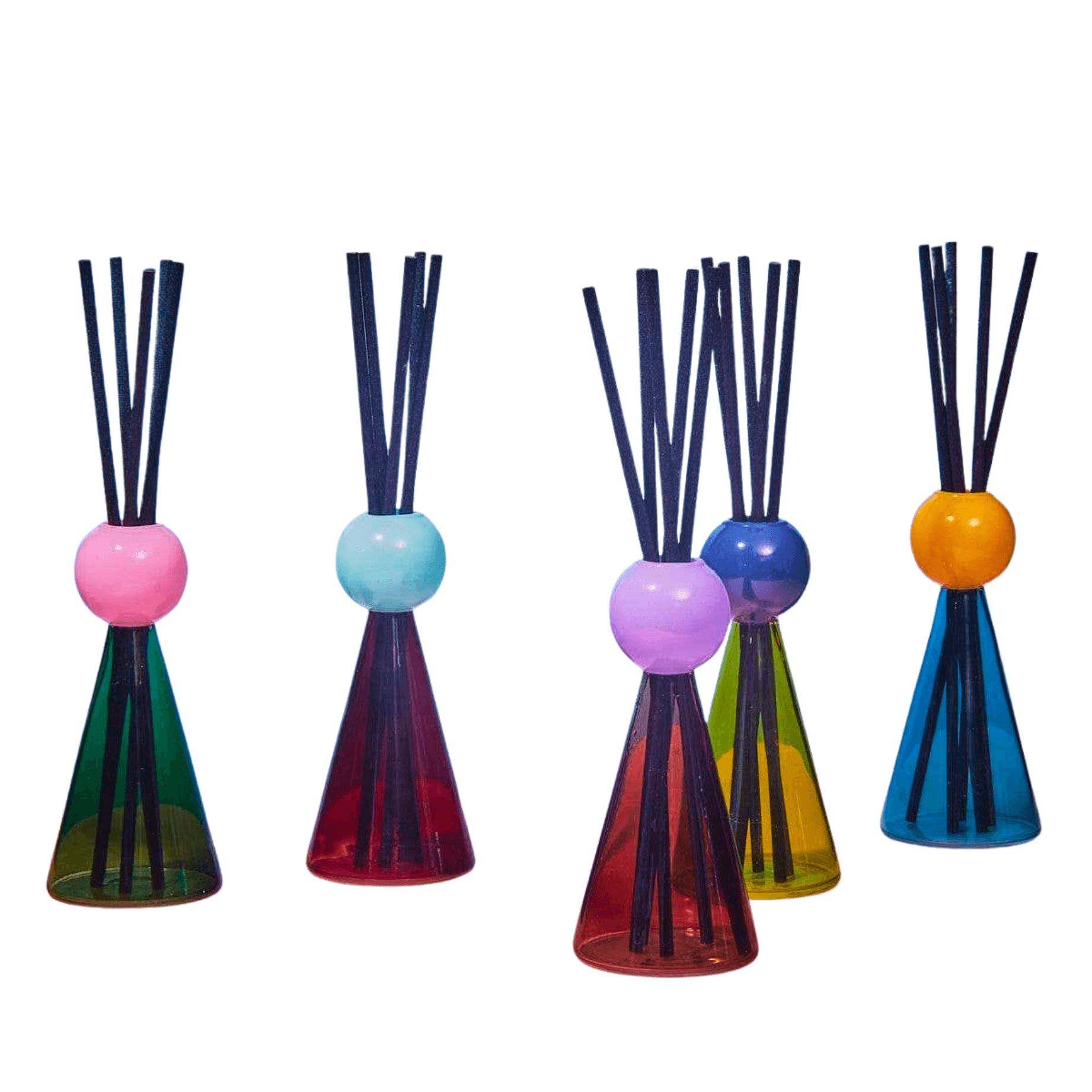 Set of five colorful diffusers with black sticks on a white background